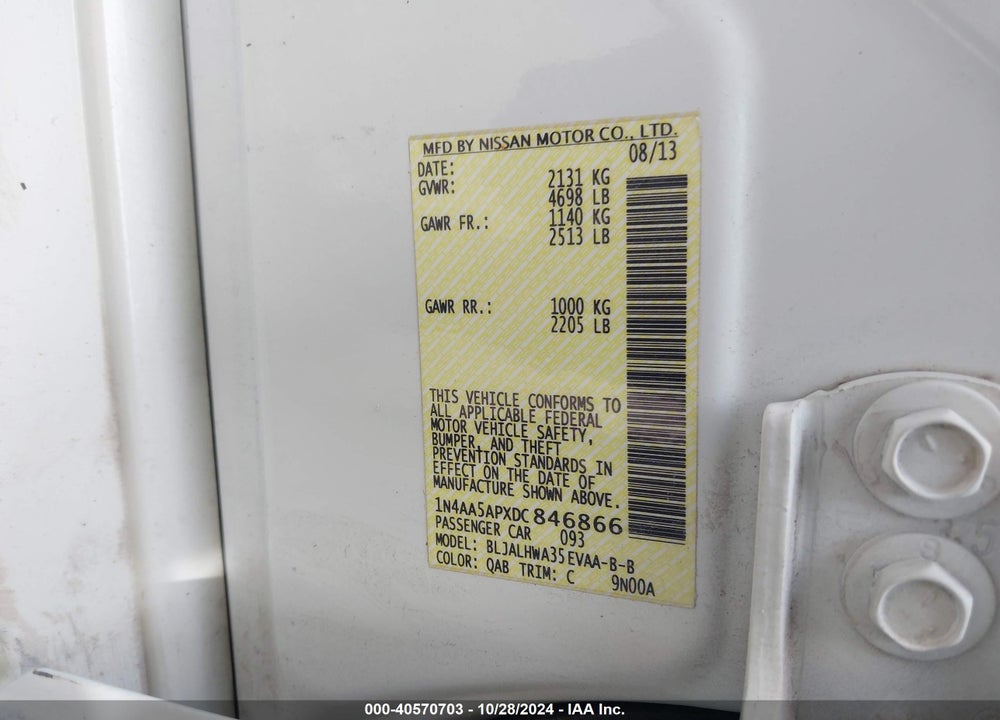 2013 NISSAN MAXIMA 3.5 SV VIN: 1N4AA5APXDC846866