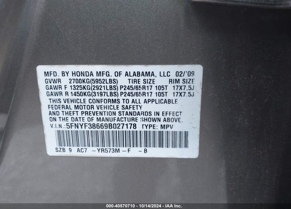 2009 HONDA PILOT EX-L VIN: 5FNYF38669B027178