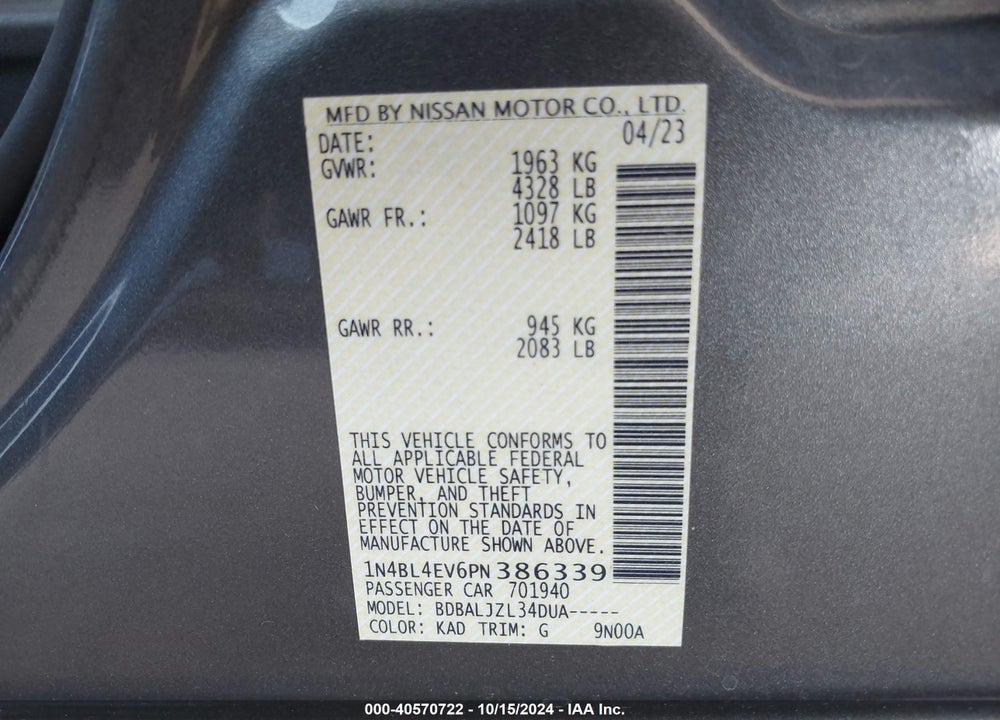 2023 NISSAN ALTIMA SL FWD VIN: 1N4BL4EV6PN386339