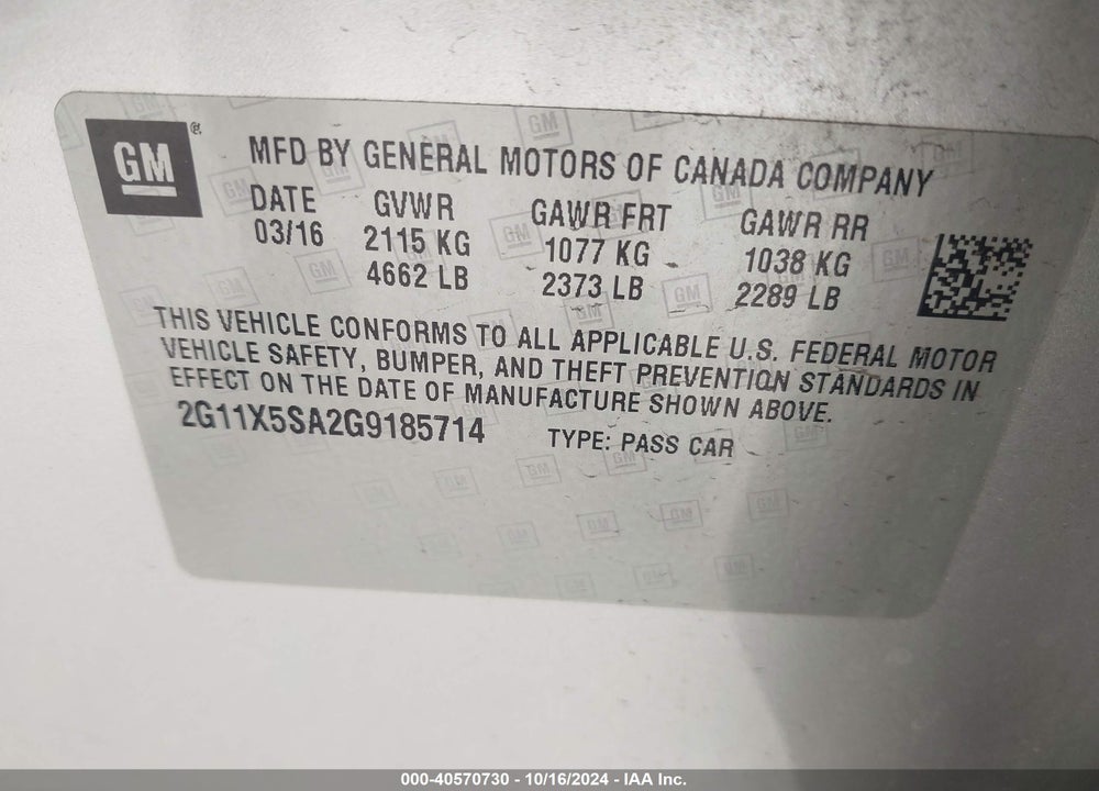 2016 CHEVROLET IMPALA 1FL VIN: 2G11X5SA2G9185714