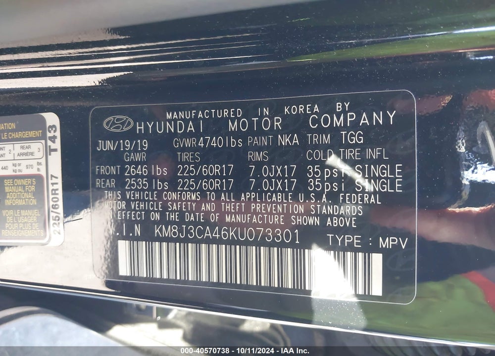 2019 HYUNDAI TUCSON VALUE VIN: KM8J3CA46KU073301