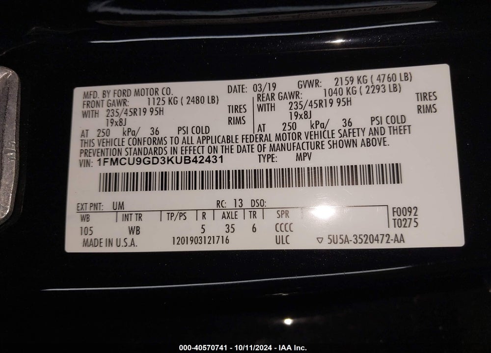 2019 FORD ESCAPE SE VIN: 1FMCU9GD3KUB42431