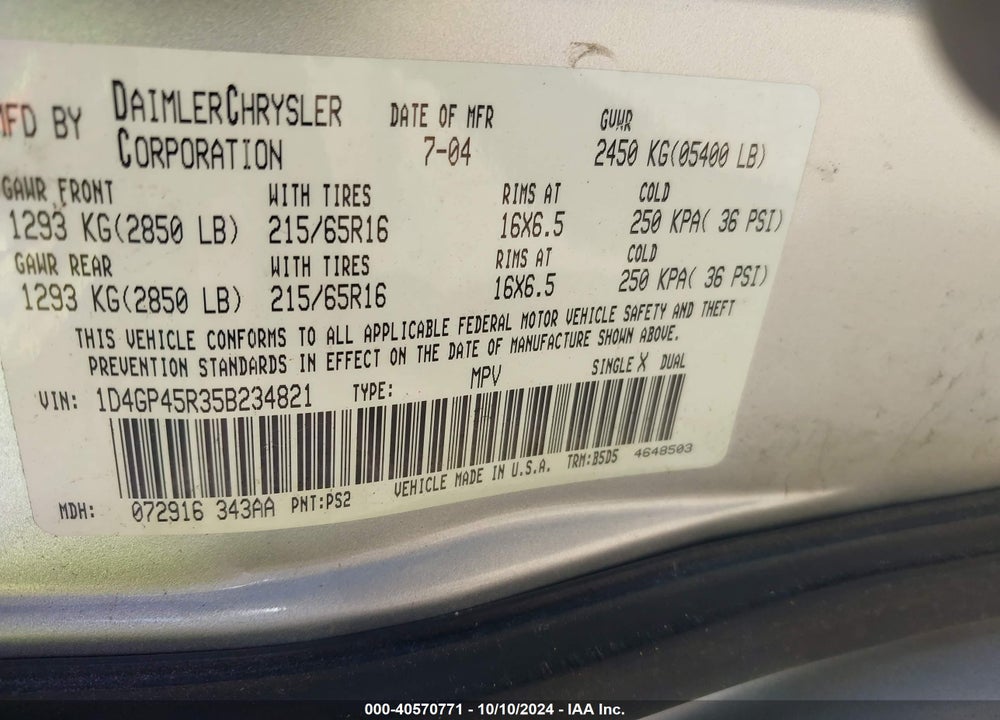 2005 DODGE CARAVAN SXT VIN: 1D4GP45R35B234821