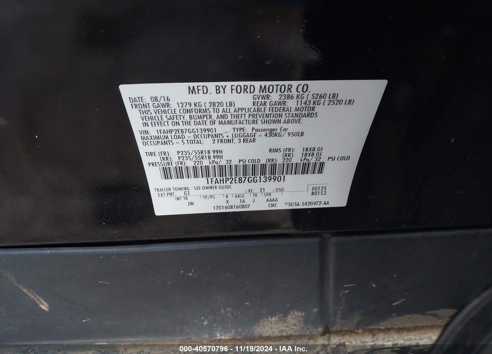 2016 FORD TAURUS SEL VIN: 1FAHP2E87GG139901