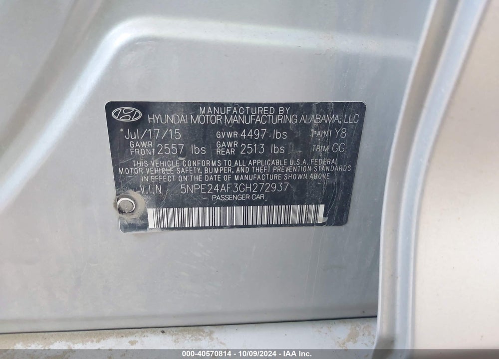 2016 HYUNDAI SONATA SE VIN: 5NPE24AF3GH272937