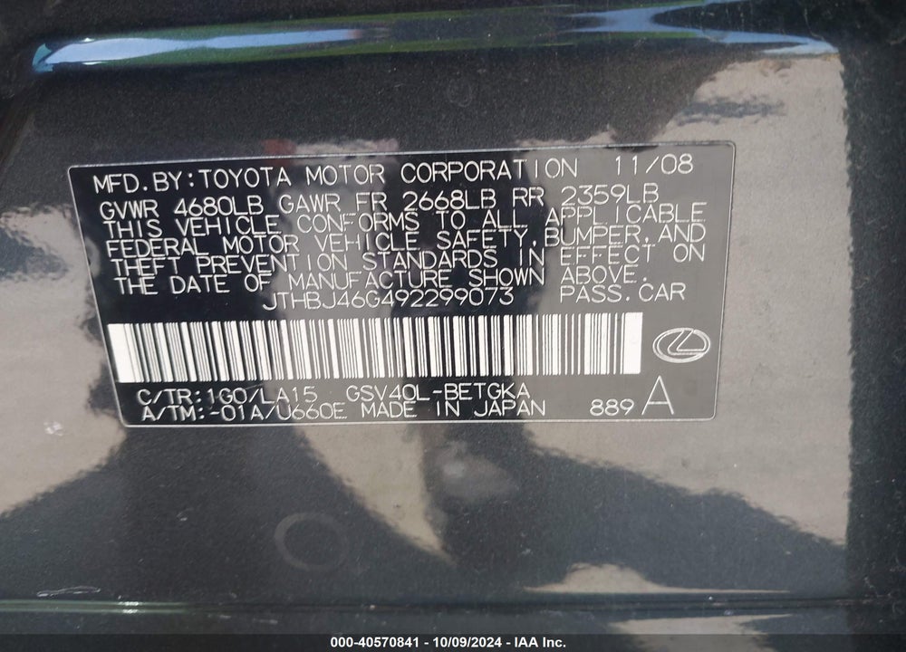 2009 LEXUS ES 350 VIN: JTHBJ46G492299073