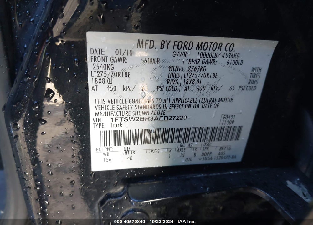 2010 FORD F-250 CABELA'S/HARLEY-DAVIDSON/KING RANCH/LARIAT/XL/XLT VIN: 1FTSW2BR3AEB27229