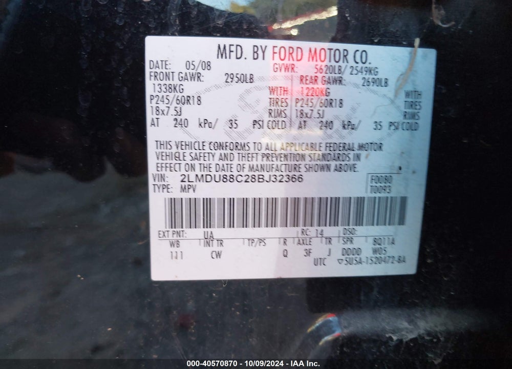 2008 LINCOLN MKX VIN: 2LMDU88C28BJ32366