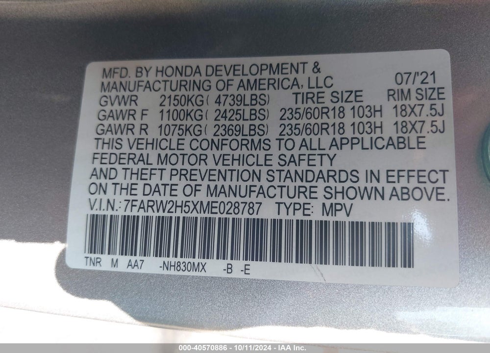 2021 HONDA CR-V AWD EX VIN: 7FARW2H5XME028787