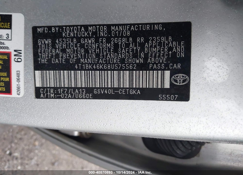 2008 TOYOTA CAMRY XLE V6 VIN: 4T1BK46K68U575562