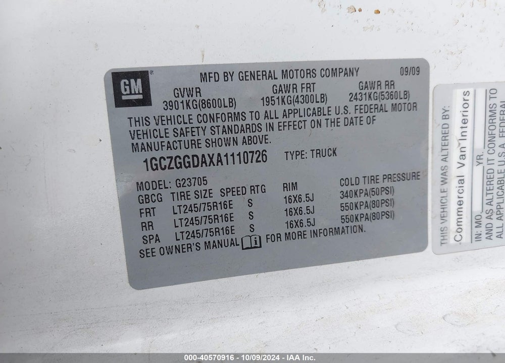 2010 CHEVROLET EXPRESS 2500 WORK VAN VIN: 1GCZGGDAXA1110726