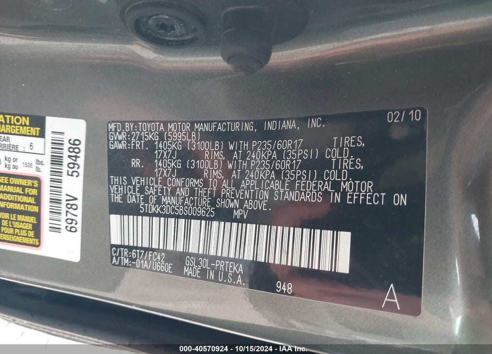 2011 TOYOTA SIENNA LE V6 VIN: 5TDKK3DC5BS009625