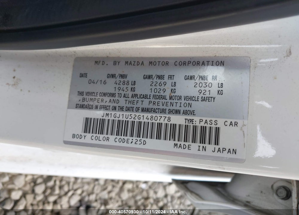 2016 MAZDA 6 I SPORT VIN: JM1GJ1U52G1480778