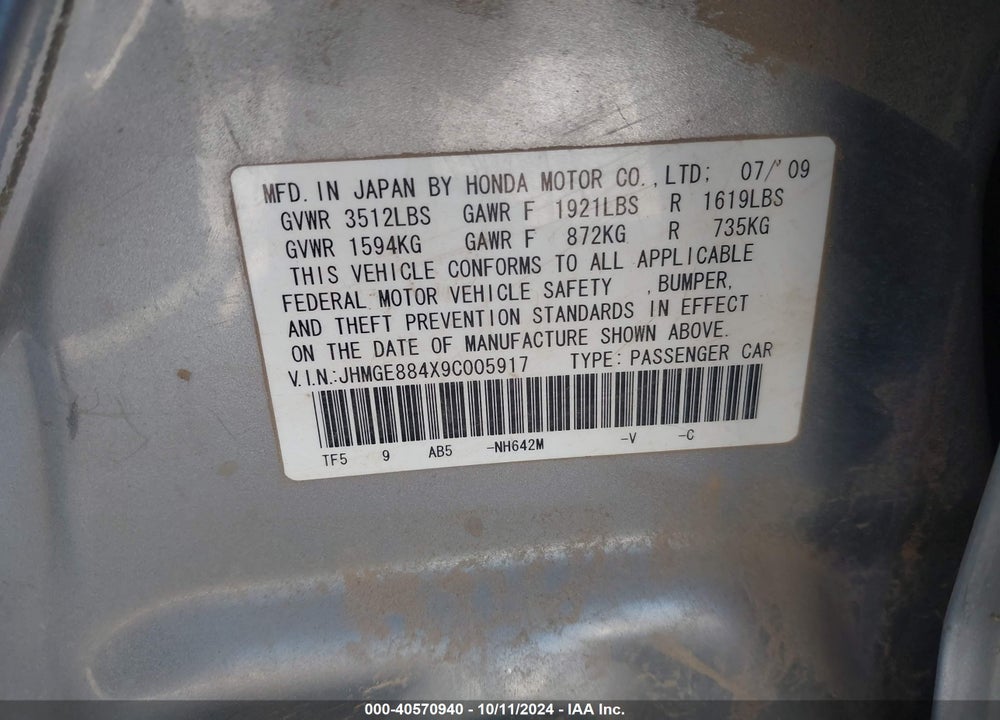 2009 HONDA FIT SPORT VIN: JHMGE884X9C005917