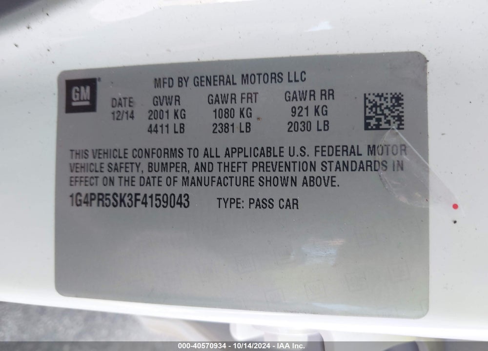 2015 BUICK VERANO CONVENIENCE GROUP VIN: 1G4PR5SK3F4159043