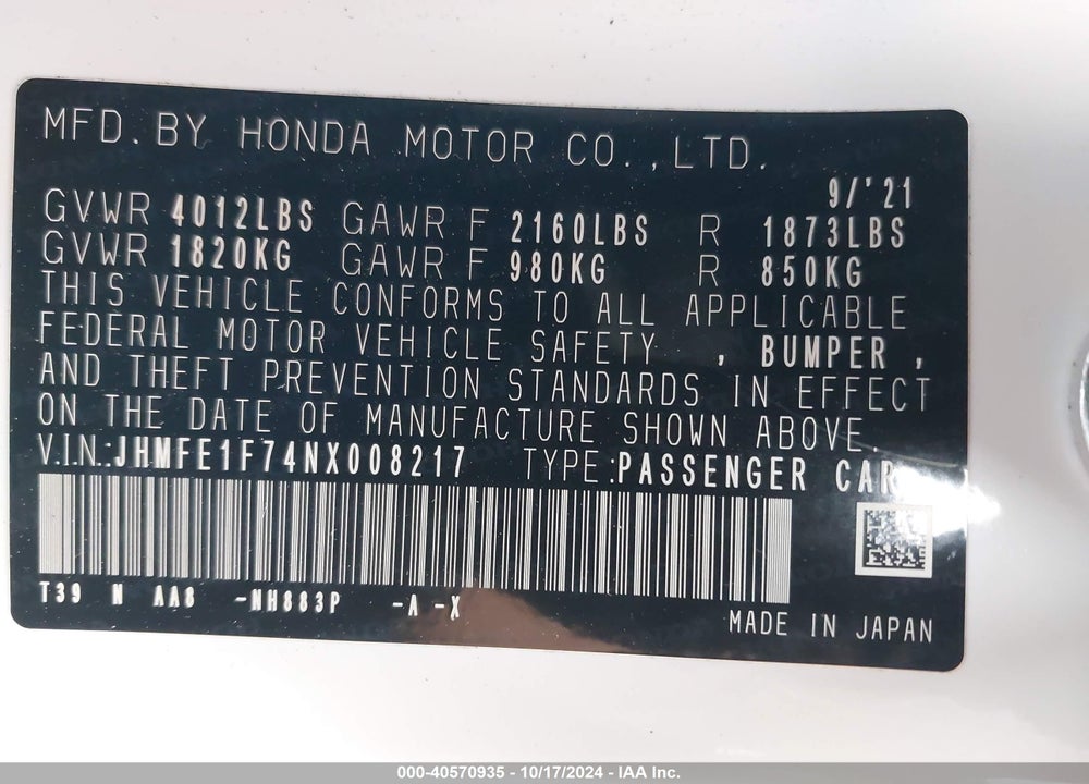 2022 HONDA CIVIC VIN: JHMFE1F74NX008217