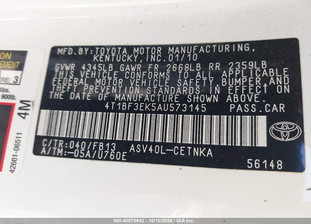 2010 TOYOTA CAMRY LE VIN: 4T1BF3EK5AU573145