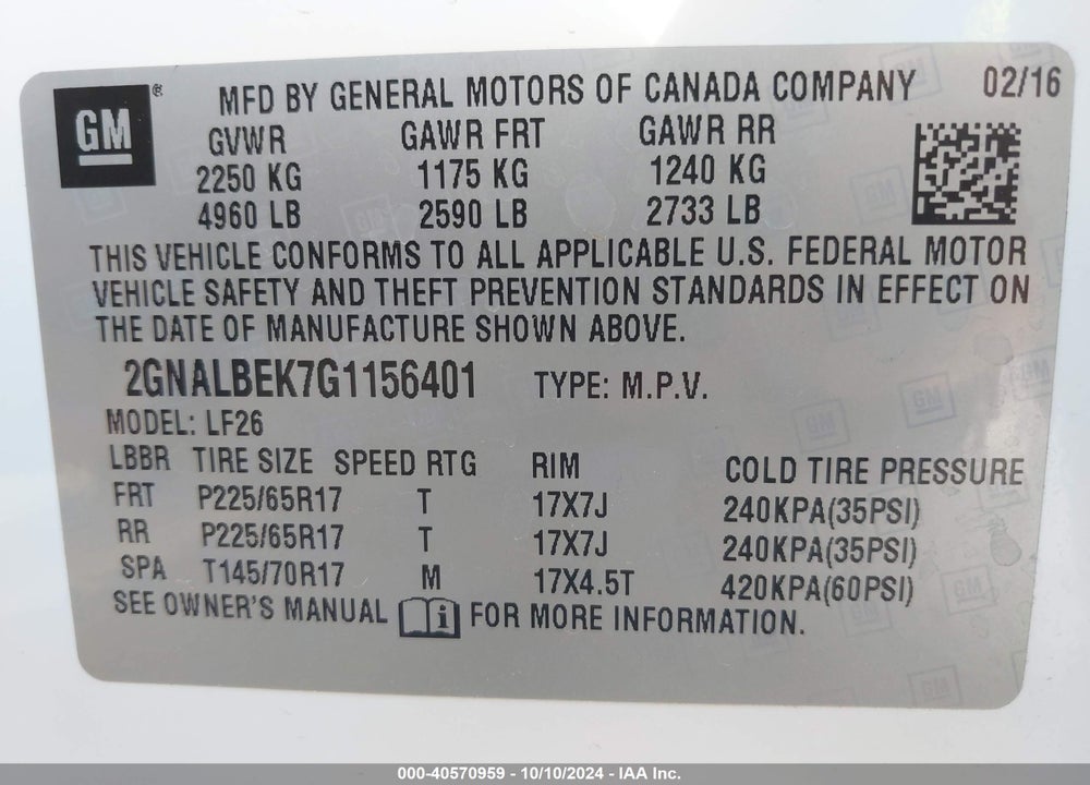 2016 CHEVROLET EQUINOX VIN: 2GNALBEK7G1156401
