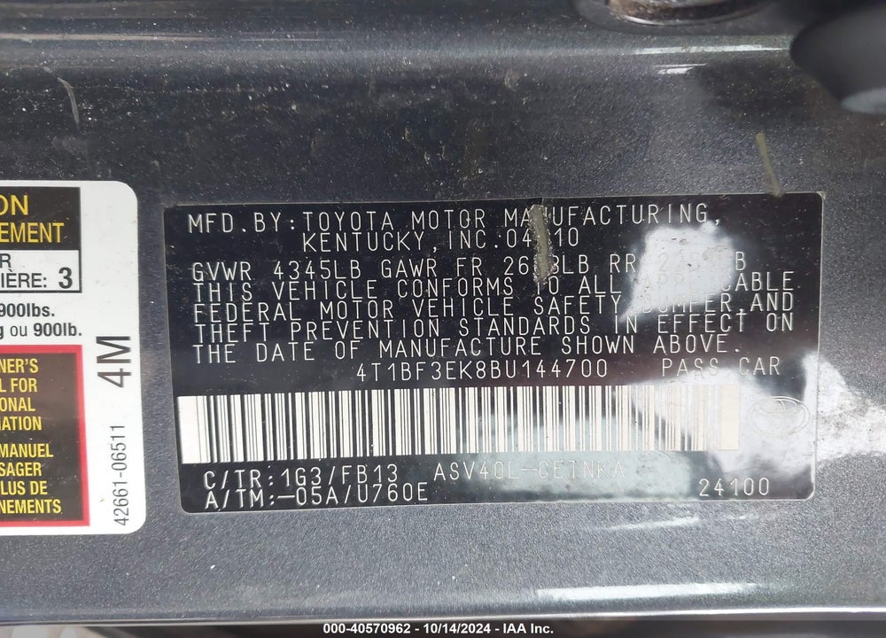 2011 TOYOTA CAMRY LE VIN: 4T1BF3EK8BU144700