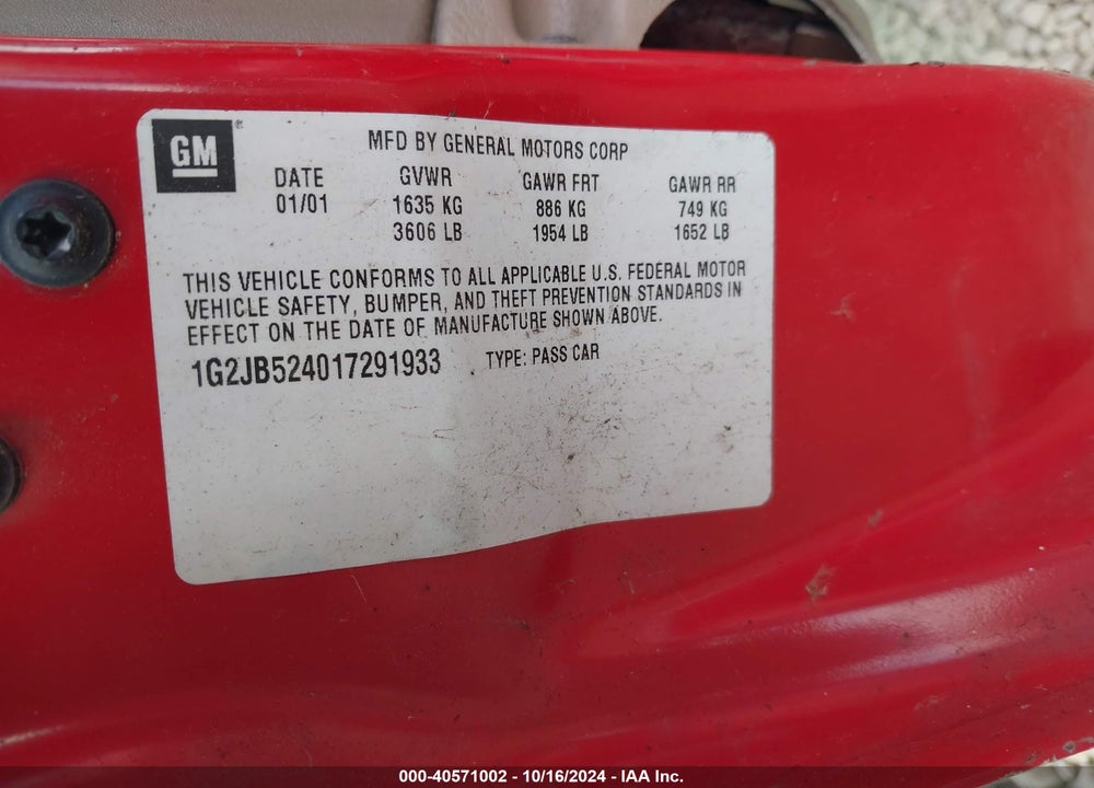 2001 PONTIAC SUNFIRE SE VIN: 1G2JB524017291933