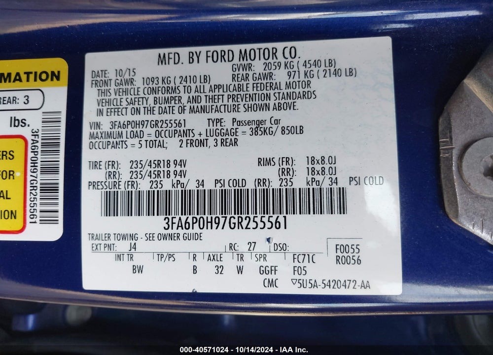 2016 FORD FUSION SE VIN: 3FA6P0H97GR255561