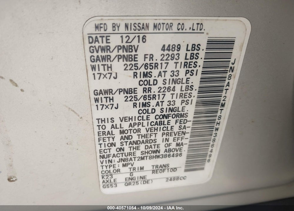 2017 NISSAN ROGUE SV VIN: JN8AT2MT8HW386496