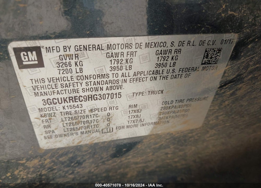 2017 CHEVROLET SILVERADO 1500 VIN: 3GCUKREC9HG307015
