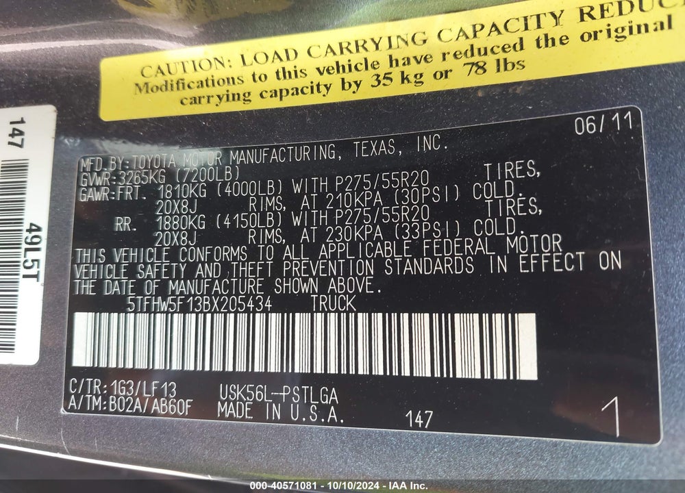 2011 TOYOTA TUNDRA LIMITED 5.7L V8 VIN: 5TFHW5F13BX205434