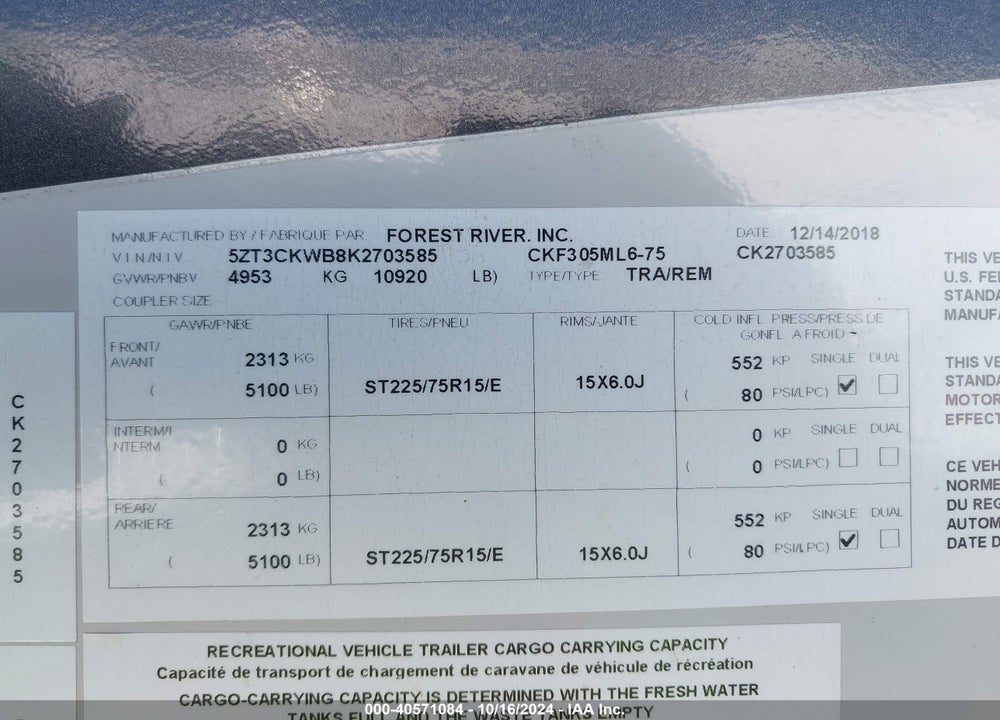 2019 FORE 305ML6 VIN: 5ZT3CKWB8K2703585