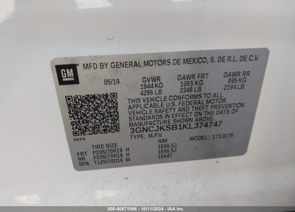 2019 CHEVROLET TRAX LS VIN: 3GNCJKSB1KL374747