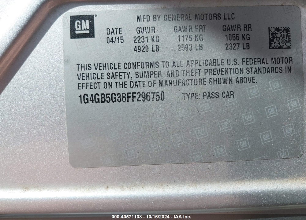 2015 BUICK LACROSSE LEATHER VIN: 1G4GB5G38FF296750