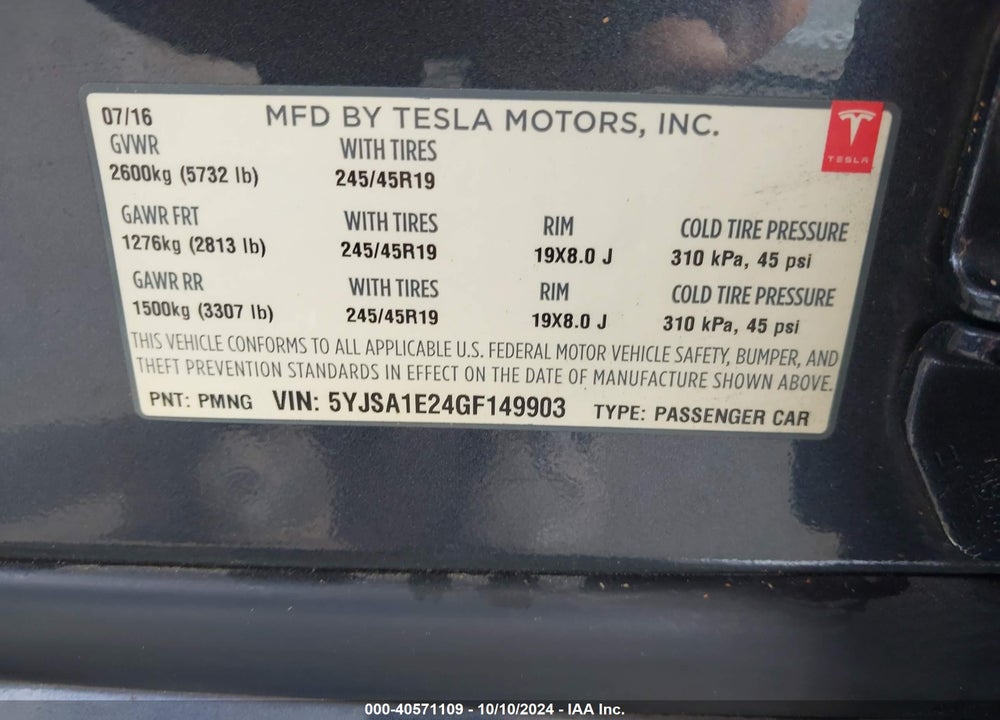 2016 TESLA MODEL S 60D/70D/75D/85D/90D VIN: 5YJSA1E24GF149903