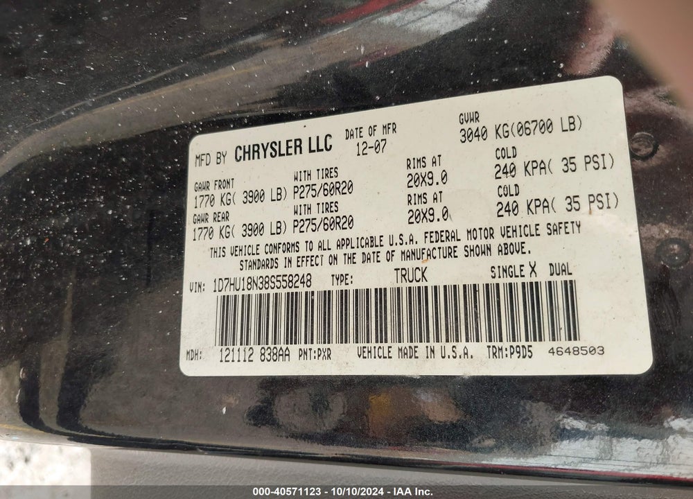 2008 DODGE RAM 1500 SLT VIN: 1D7HU18N38S558248