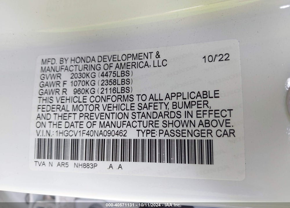 2022 HONDA ACCORD SPORT SPECIAL EDITION VIN: 1HGCV1F40NA090462