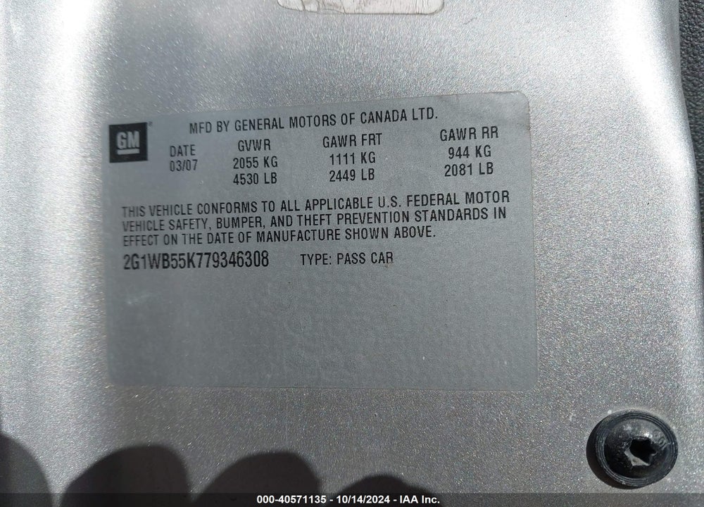 2007 CHEVROLET IMPALA LS VIN: 2G1WB55K779346308