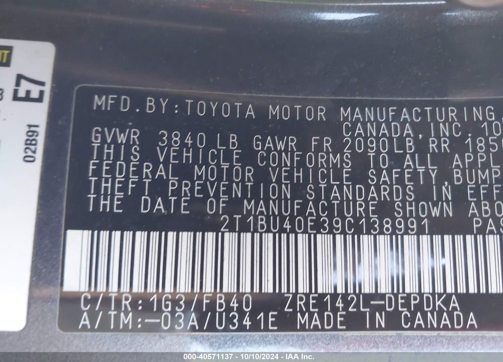 2009 TOYOTA COROLLA LE VIN: 2T1BU40E39C138991
