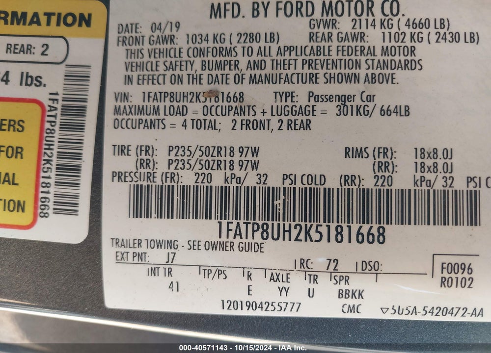 2019 FORD MUSTANG ECOBOOST PREMIUM VIN: 1FATP8UH2K5181668