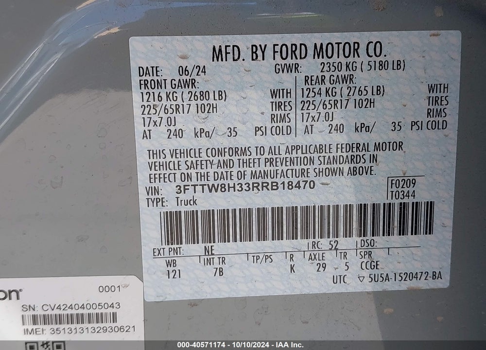 2024 FORD MAVERICK XLT VIN: 3FTTW8H33RRB18470