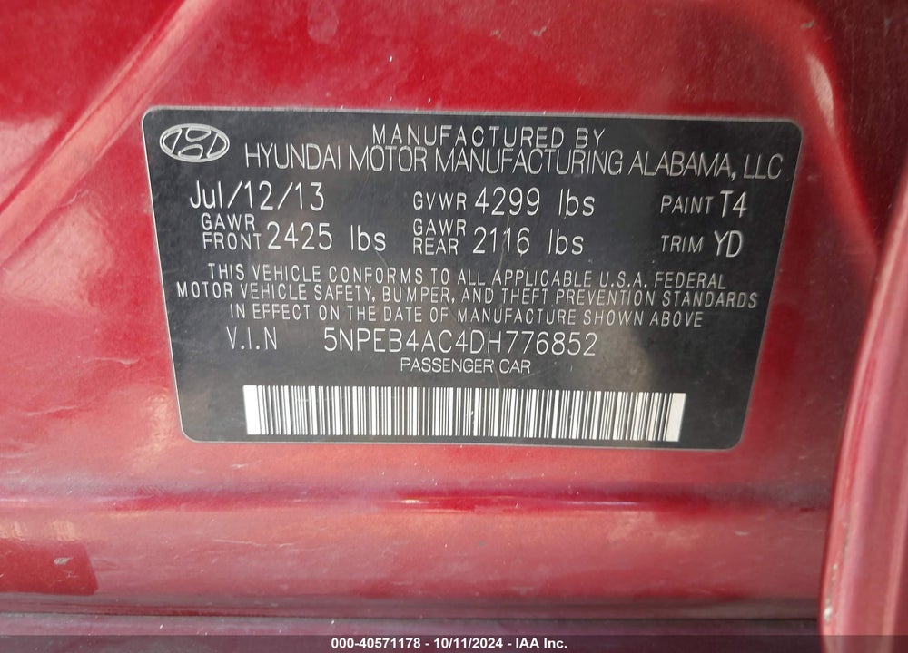 2013 HYUNDAI SONATA GLS VIN: 5NPEB4AC4DH776852