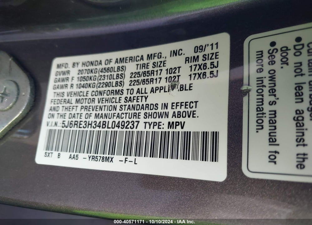 2011 HONDA CR-V LX VIN: 5J6RE3H34BL049237