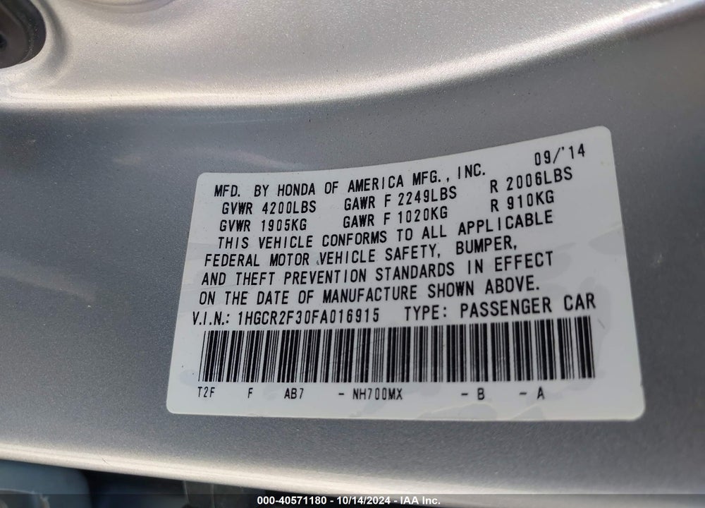 2015 HONDA ACCORD LX VIN: 1HGCR2F30FA016915