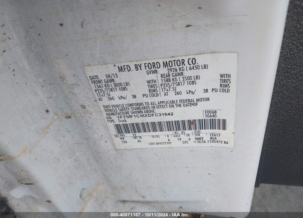 2013 FORD F-150 XL VIN: 1FTMF1CMXDFC31642