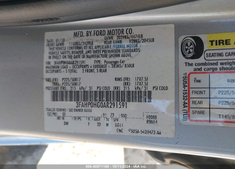 2010 FORD FUSION SE VIN: 3FAHP0HG0AR291591