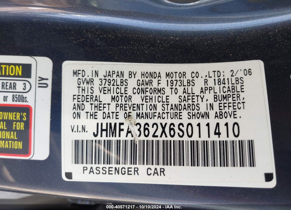 2006 HONDA CIVIC HYBRID VIN: JHMFA362X6S011410