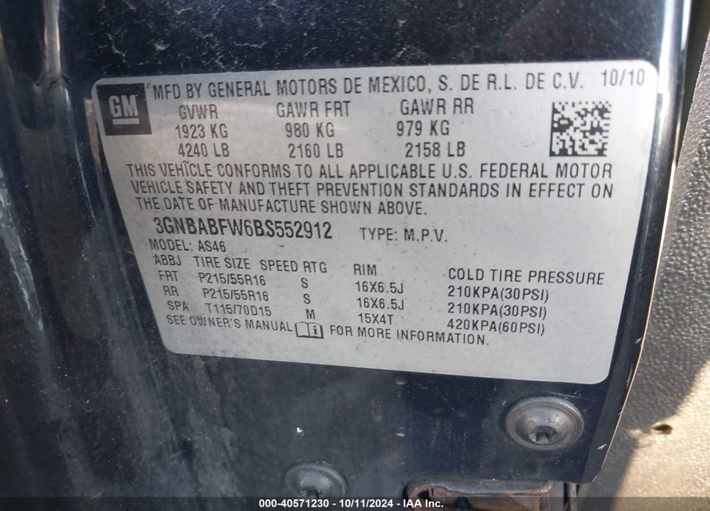 2011 CHEVROLET HHR LT VIN: 3GNBABFW6BS552912