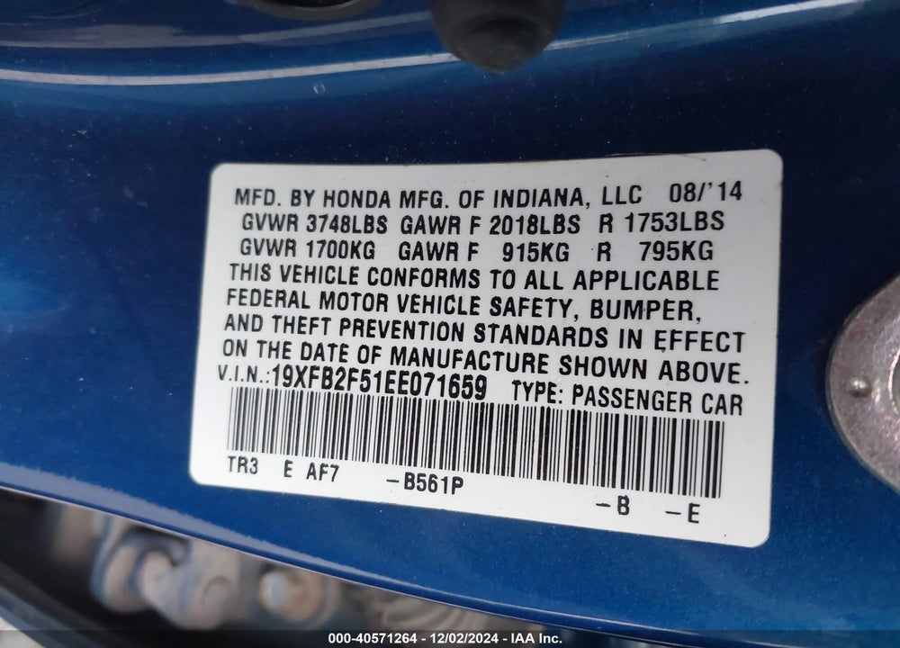 2014 HONDA CIVIC LX VIN: 19XFB2F51EE071659
