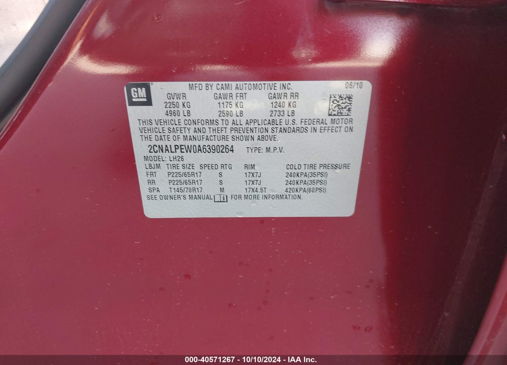 2010 CHEVROLET EQUINOX LT VIN: 2CNALPEW0A6390264