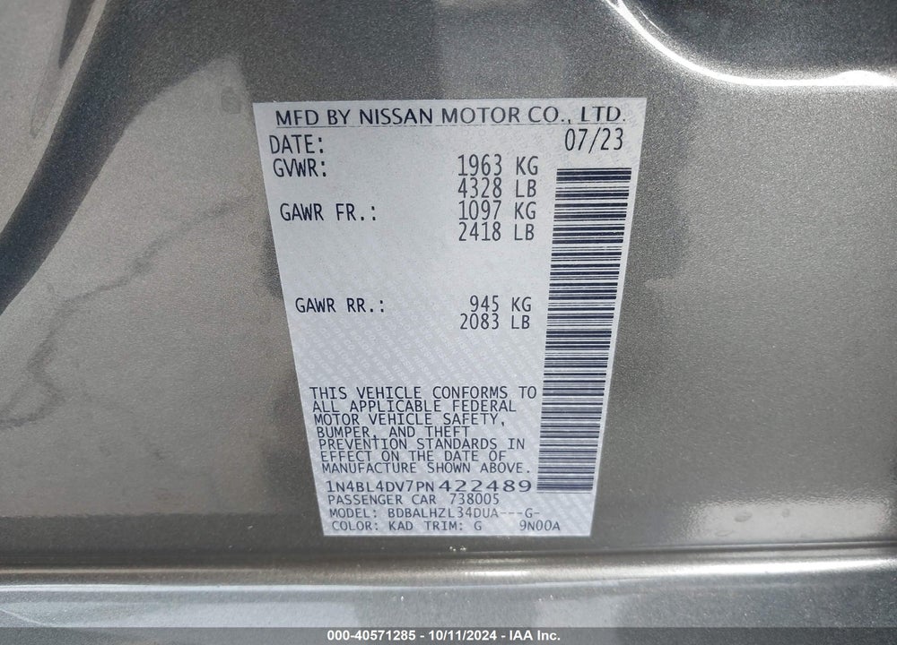 2023 NISSAN ALTIMA SV FWD VIN: 1N4BL4DV7PN422489