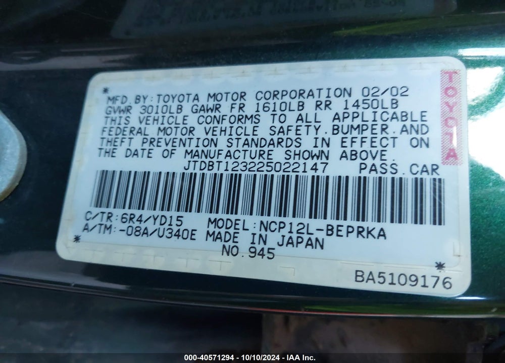 2002 TOYOTA ECHO VIN: JTDBT123225022147