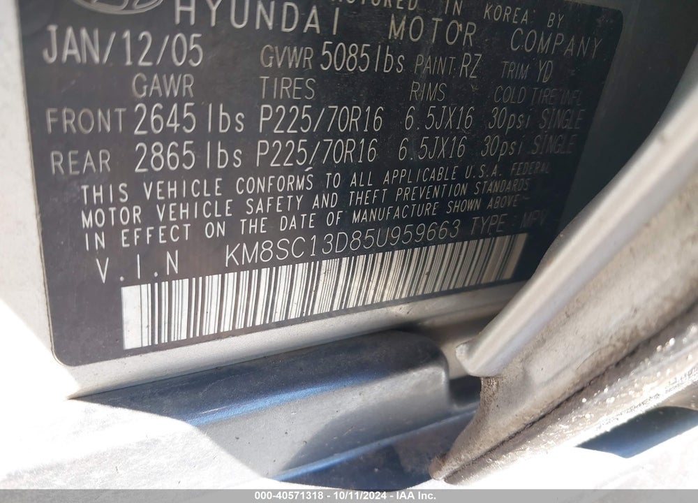 2005 HYUNDAI SANTA FE GLS VIN: KM8SC13D85U959663